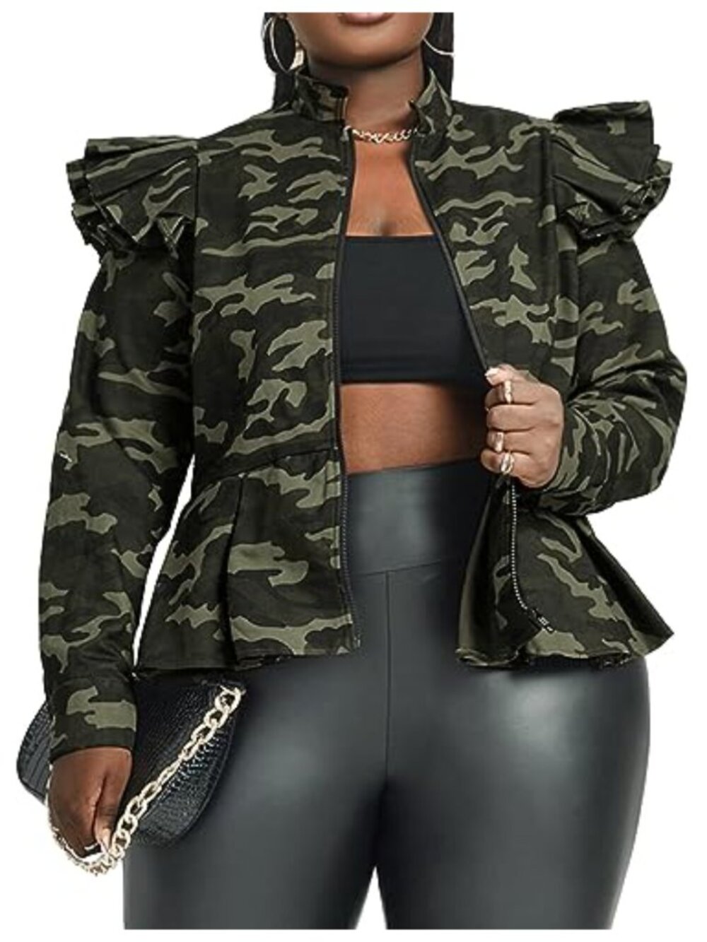 Peplum Ruffle Sleeve Camo Zip-Up Utility Jacket Lightweight Military Streetwear